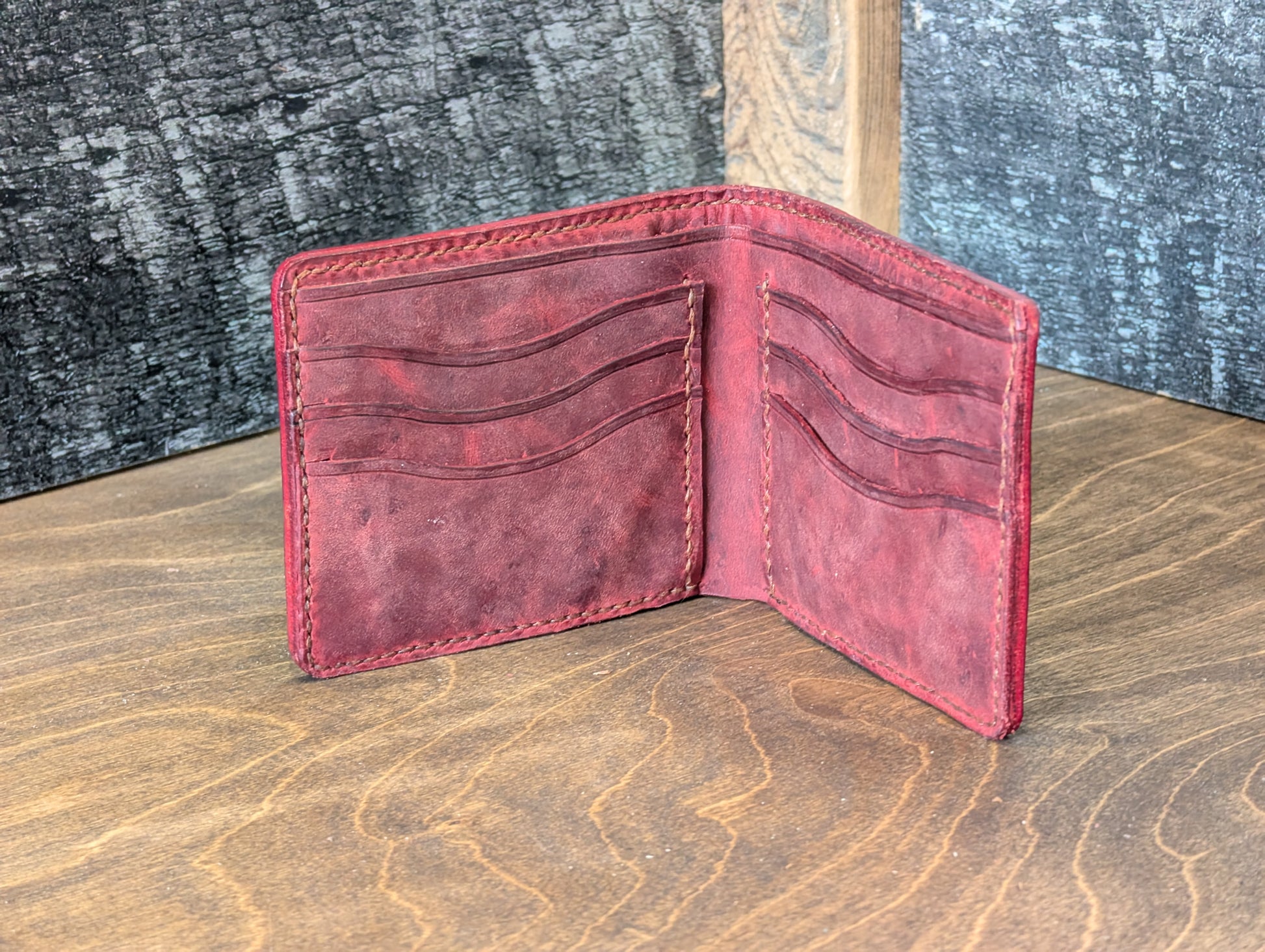 6 card biforld wallet, crimson - The Leather Wizard